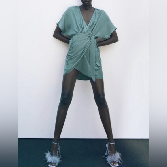 ZARA Women's Small Sea Green Satin Effect Faux Wrap Party Cocktail Mini Dress - Picture 6 of 14
